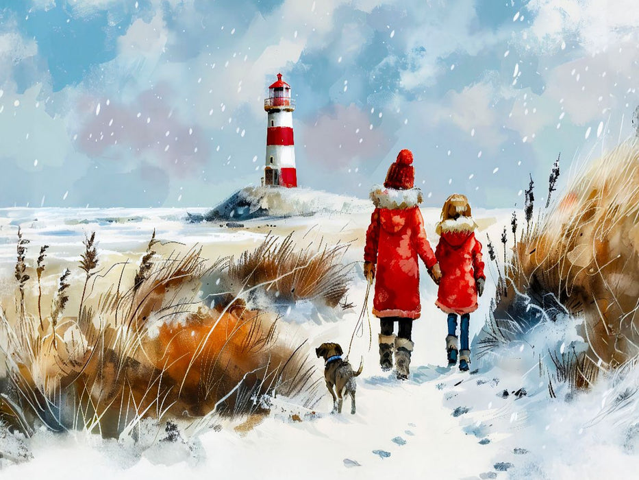 Winterspaziergang mit Hund am Meer Aquarellbild - CALVENDO Foto-Puzzle'