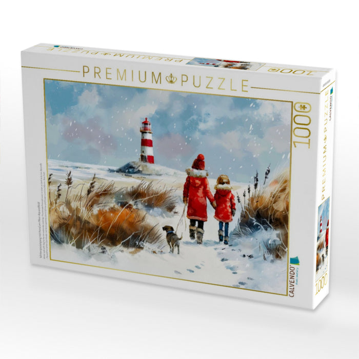 Winterspaziergang mit Hund am Meer Aquarellbild - CALVENDO Foto-Puzzle'