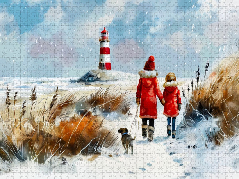 Winterspaziergang mit Hund am Meer Aquarellbild - CALVENDO Foto-Puzzle'