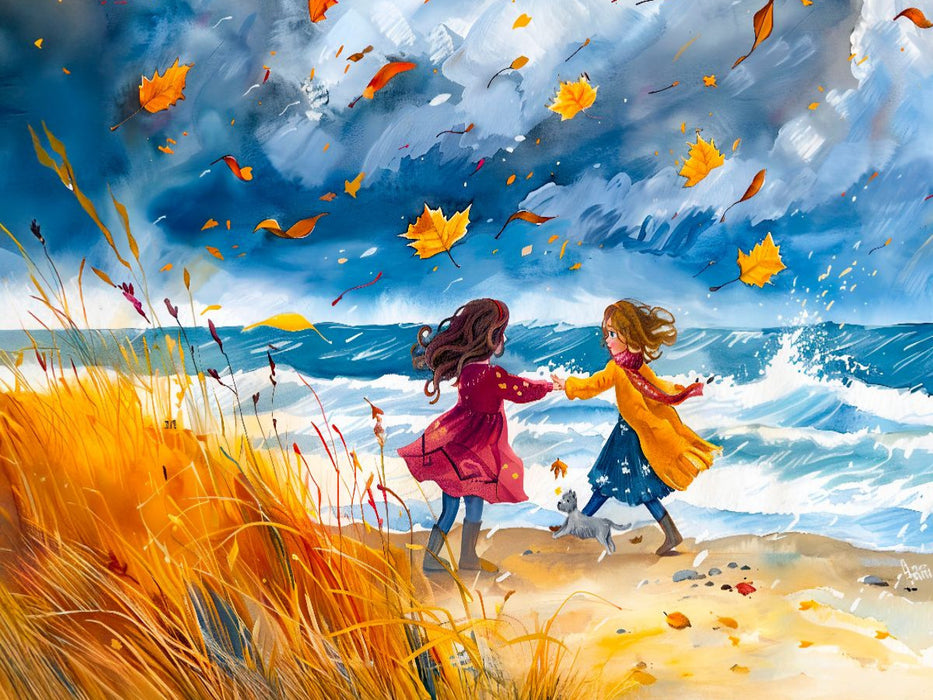 Kinder haben Spaß am herbstlichen Strand im Sturm - CALVENDO Foto-Puzzle'