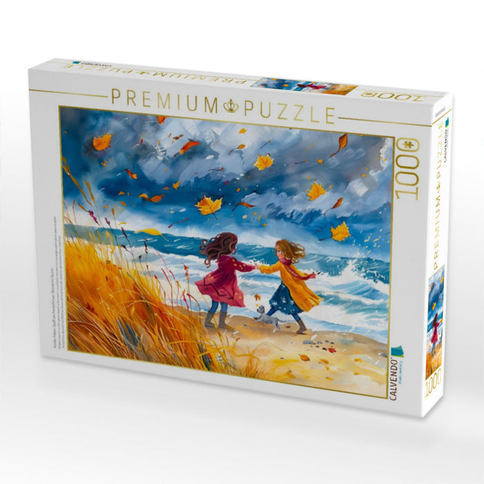 Kinder haben Spaß am herbstlichen Strand im Sturm - CALVENDO Foto-Puzzle'