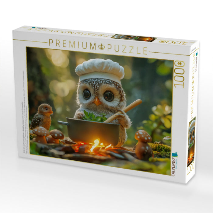 Süße Eule kocht am Lagerfeuer - Köstliche Waldgerichte von der Eulenköchin - CALVENDO Foto-Puzzle'