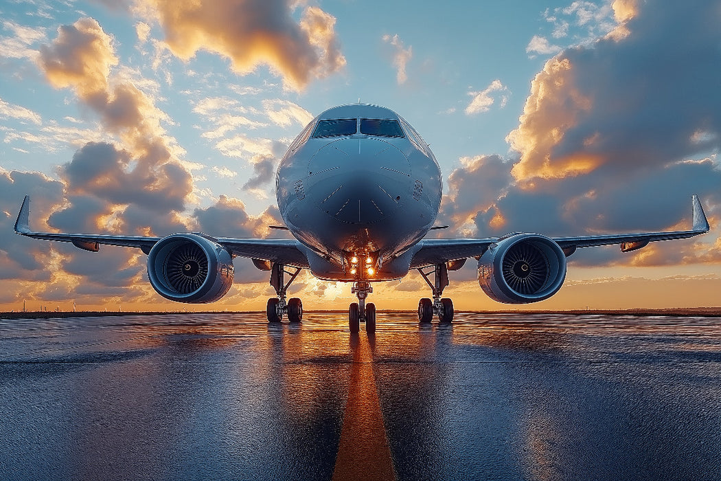 Premium Textil-Leinwand Flugzeug bei Sonnenuntergang auf dem Rollfeld