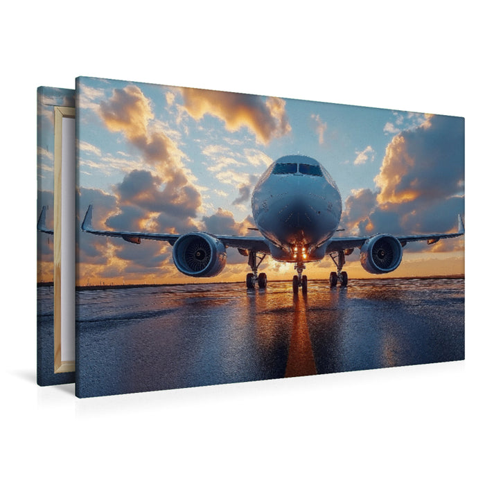 Premium Textil-Leinwand Flugzeug bei Sonnenuntergang auf dem Rollfeld