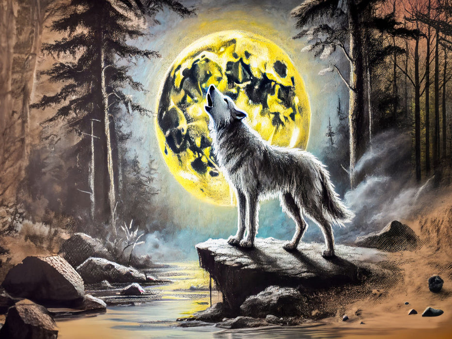 Wolf heult zum Mond Kohlezeichnungen in sanften Pastelltönen - CALVENDO Foto-Puzzle'