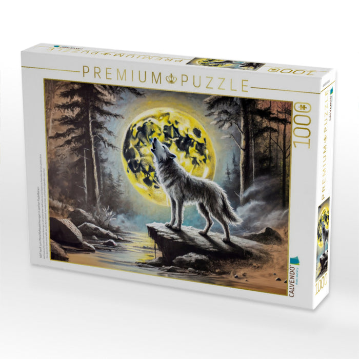 Wolf heult zum Mond Kohlezeichnungen in sanften Pastelltönen - CALVENDO Foto-Puzzle'