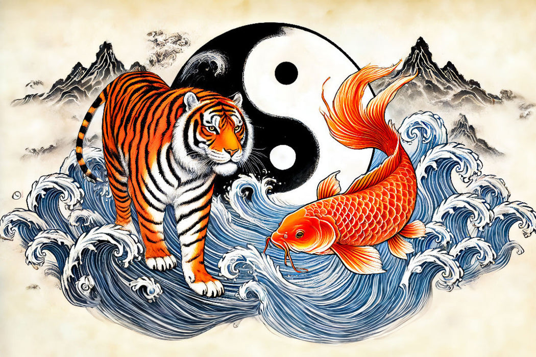 Premium Textil-Leinwand Yin und Yang - Tiger und Koi im asiatischen Malstil