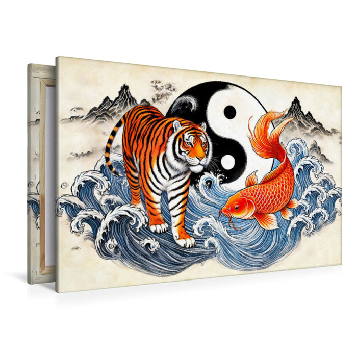 Premium Textil-Leinwand Yin und Yang - Tiger und Koi im asiatischen Malstil