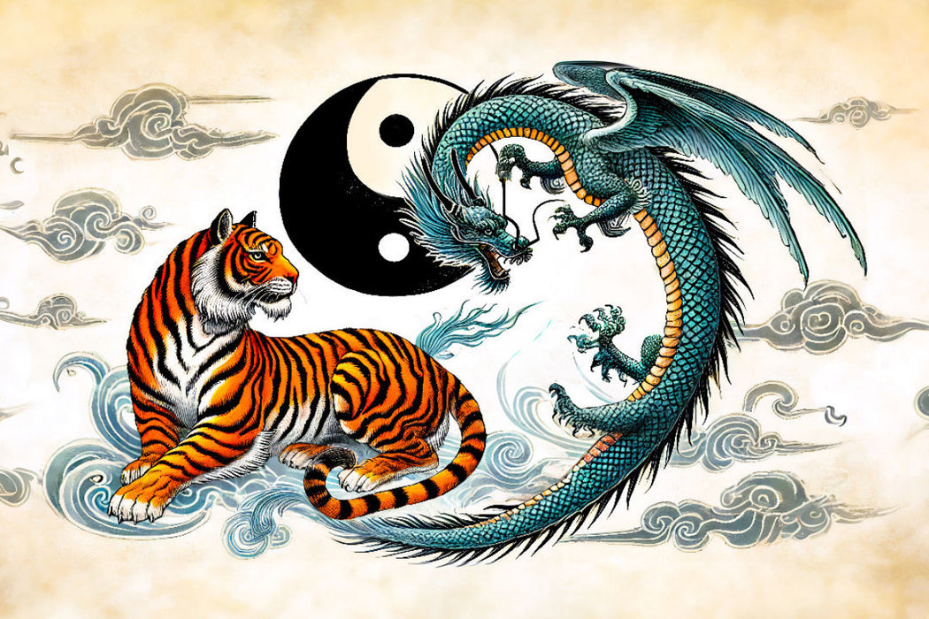 Premium Textil-Leinwand Yin und Yang - Tiger und Drache im asiatischen Malstil