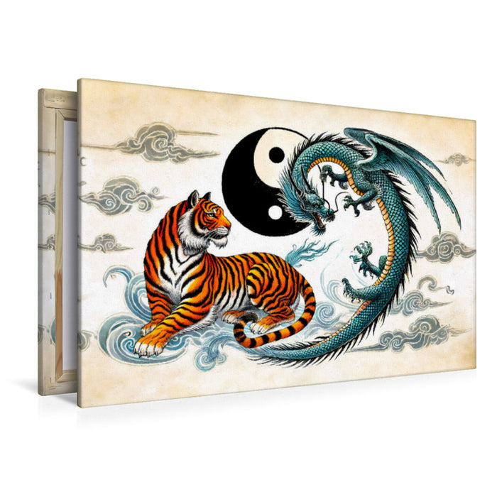 Premium Textil-Leinwand Yin und Yang - Tiger und Drache im asiatischen Malstil