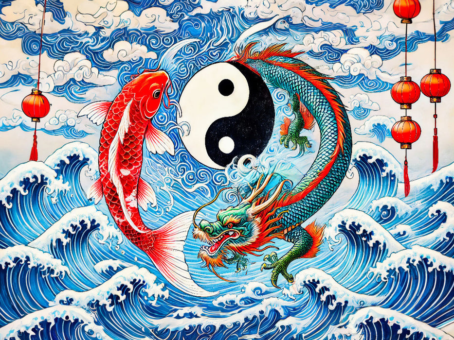 Yin und Yang - Koi und Drache im asiatischen Malstil - CALVENDO Foto-Puzzle'