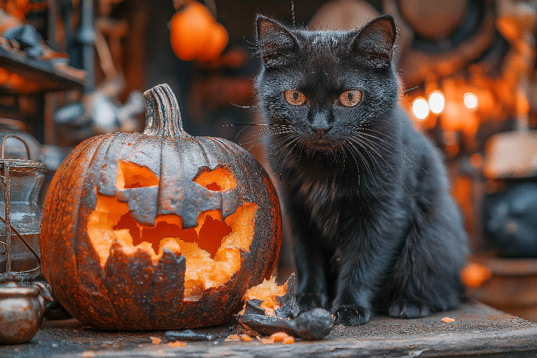 Premium Textil-Leinwand Schwarze süße Katze und Halloween-Kürbis im Kerzenschein