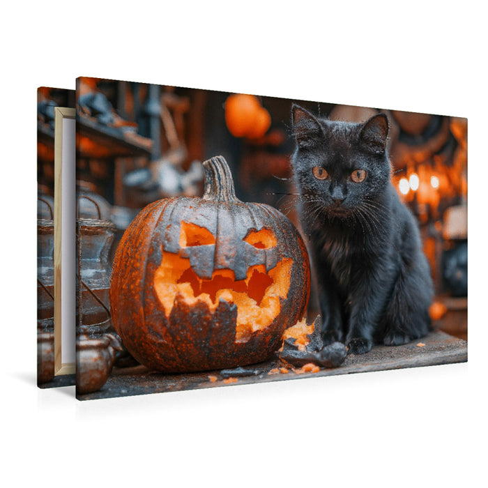 Premium Textil-Leinwand Schwarze süße Katze und Halloween-Kürbis im Kerzenschein