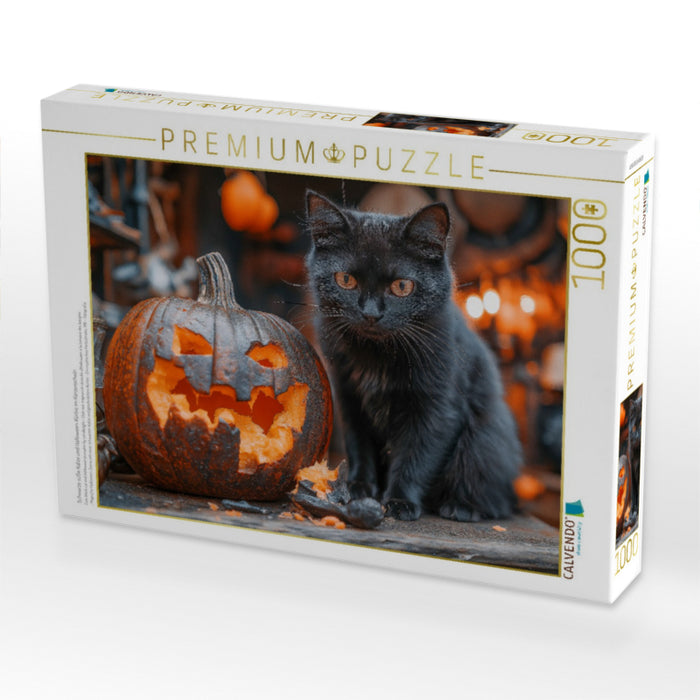 Schwarze süße Katze und Halloween-Kürbis im Kerzenschein - CALVENDO Foto-Puzzle'