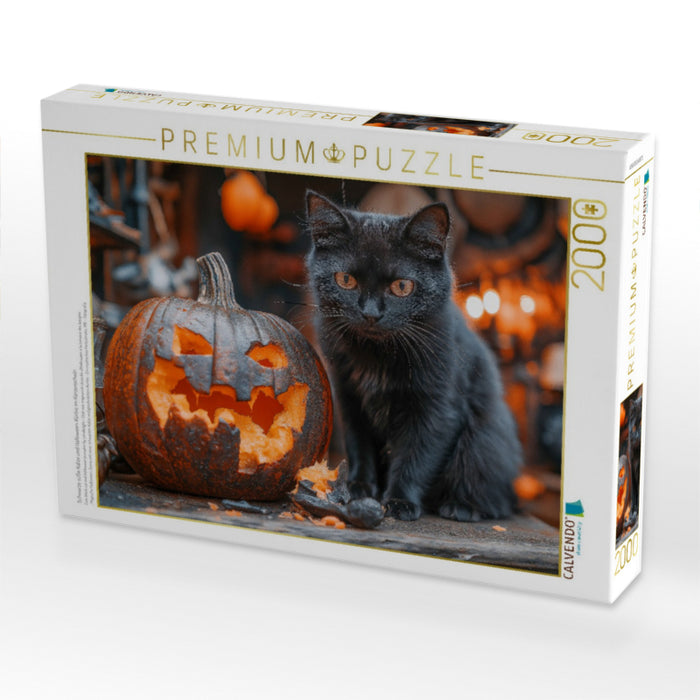 Schwarze süße Katze und Halloween-Kürbis im Kerzenschein - CALVENDO Foto-Puzzle'