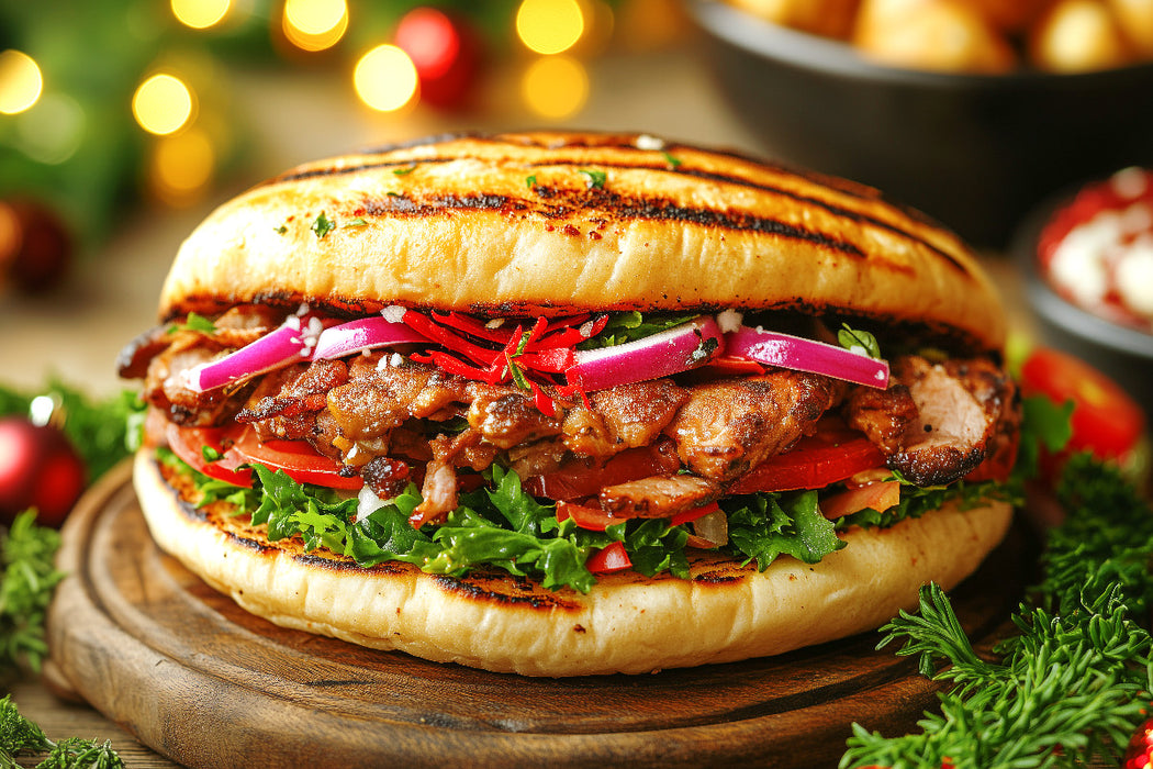 Premium Textil-Leinwand Weihnachtlicher Döner Kebab mit frischen Zutaten