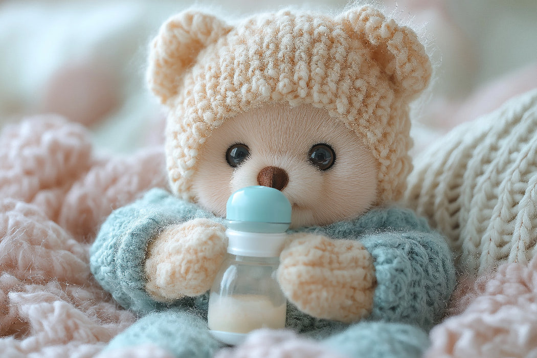 Premium Textil-Leinwand Niedlicher Baby Teddybär mit Trinkflasche - Ein Moment voller Geborgenhei