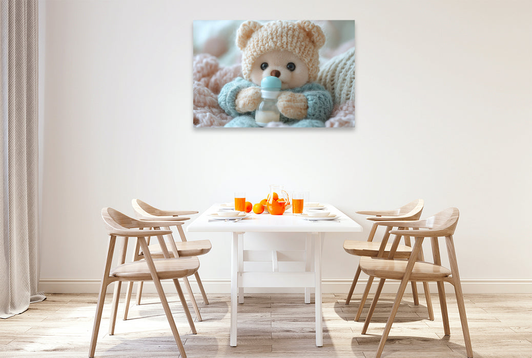 Premium Textil-Leinwand Niedlicher Baby Teddybär mit Trinkflasche - Ein Moment voller Geborgenhei