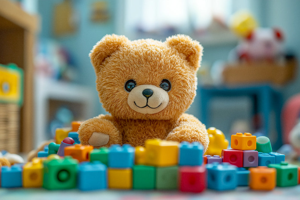 Premium Textil-Leinwand Niedlicher Baby Teddybär im Kinderzimmer mit buntem Spielzeug