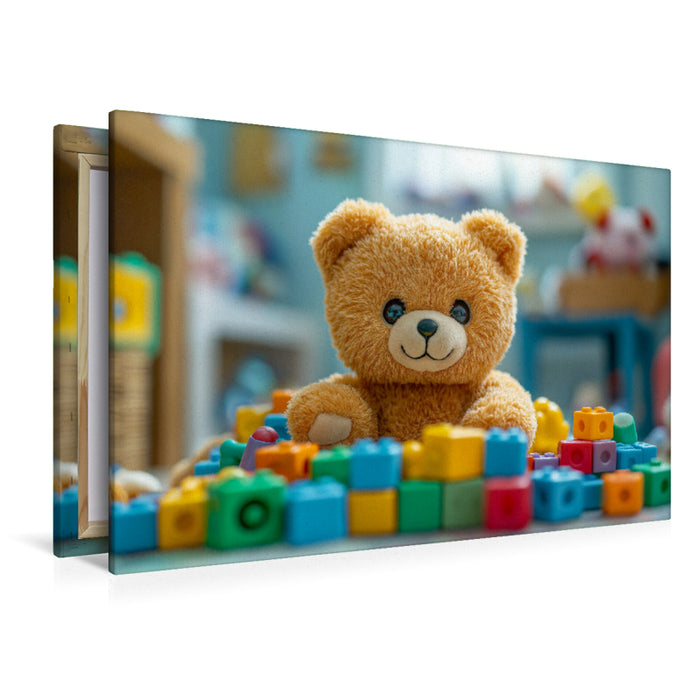 Premium Textil-Leinwand Niedlicher Baby Teddybär im Kinderzimmer mit buntem Spielzeug