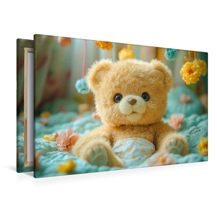 Premium Textil-Leinwand Niedlicher Baby Teddybär auf dem Wickeltisch