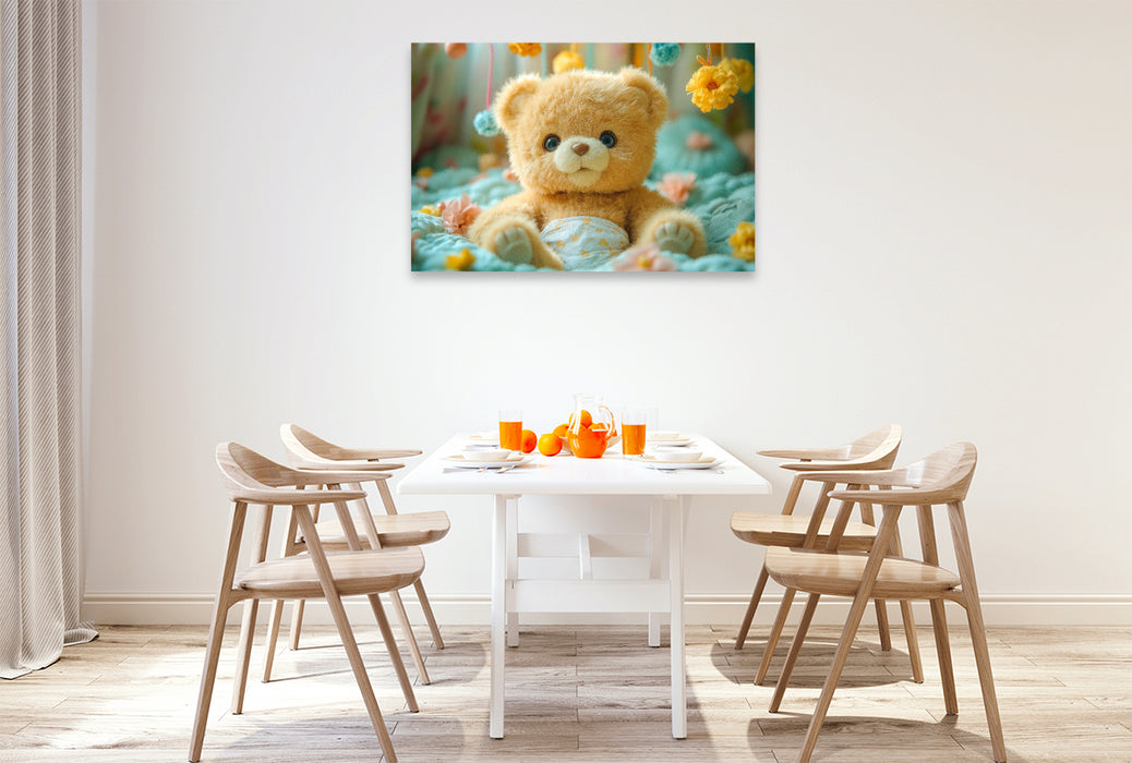 Premium Textil-Leinwand Niedlicher Baby Teddybär auf dem Wickeltisch