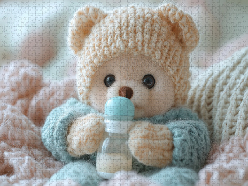 Niedlicher Baby Teddybär mit Trinkflasche - Ein Moment voller Geborgenhei - CALVENDO Foto-Puzzle'