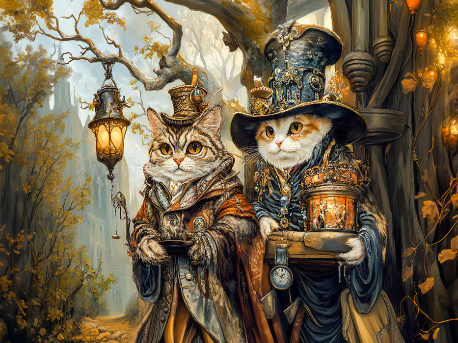 Zwei Katzen unter dem Märchenbaum im Steampunk - CALVENDO Foto-Puzzle'