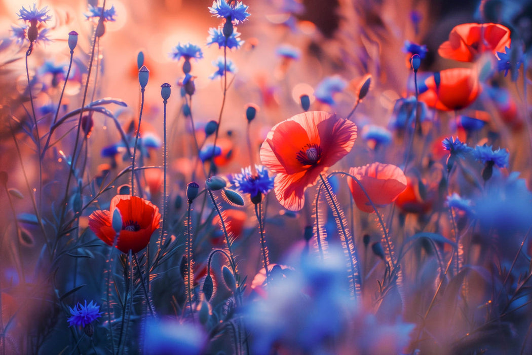 Premium Textil-Leinwand Die Dämmerung malt ihre Farben auf die zarten Blüten