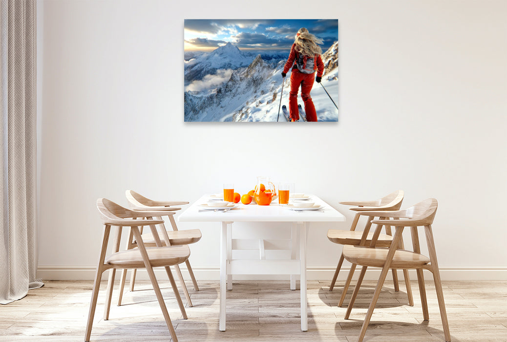 Premium Textil-Leinwand Skifahren