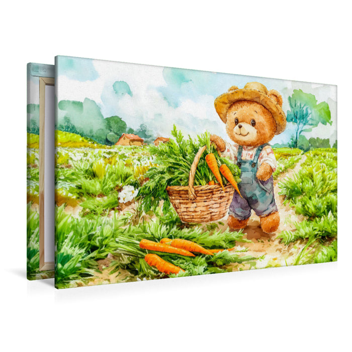Premium Textil-Leinwand Teddy erntet Möhren im Feld