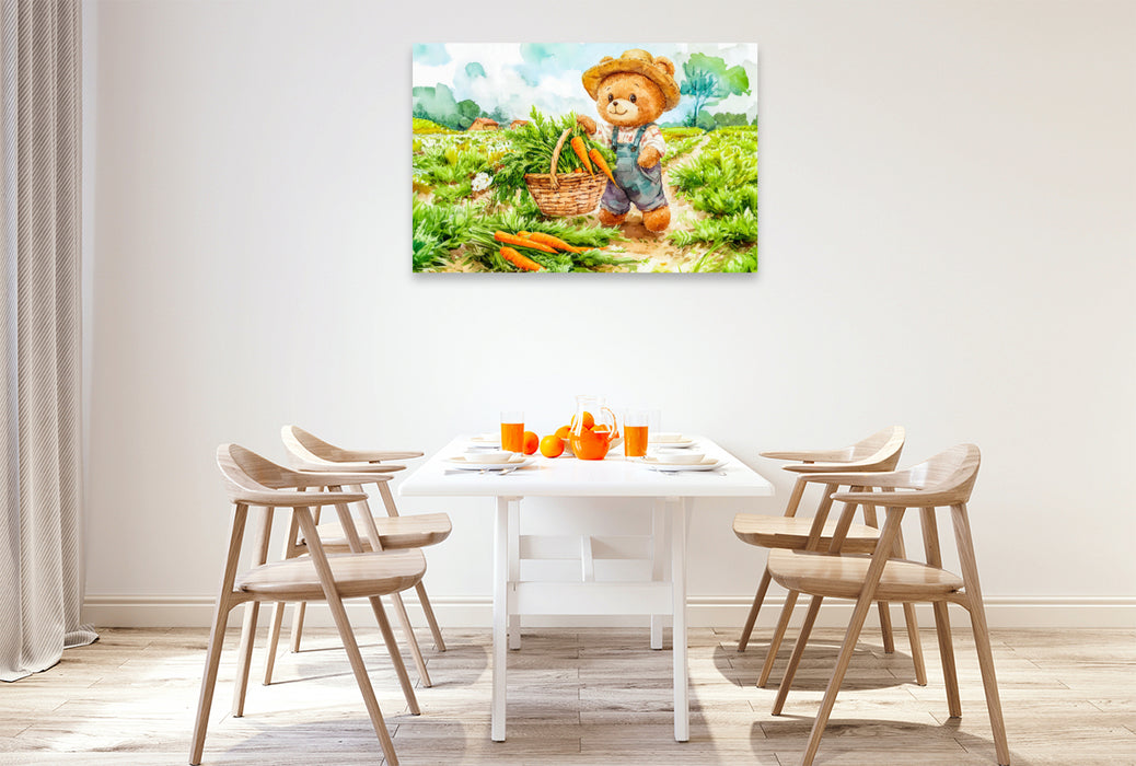 Premium Textil-Leinwand Teddy erntet Möhren im Feld