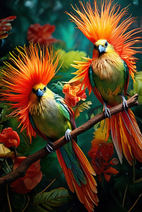 Premium Textil-Leinwand Zwei Paradiesvögel mit bunten leuchtenden Gefieder sitzen zwischen zarten Blumen