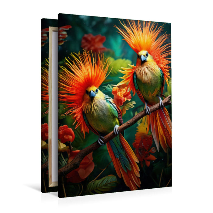 Premium Textil-Leinwand Zwei Paradiesvögel mit bunten leuchtenden Gefieder sitzen zwischen zarten Blumen