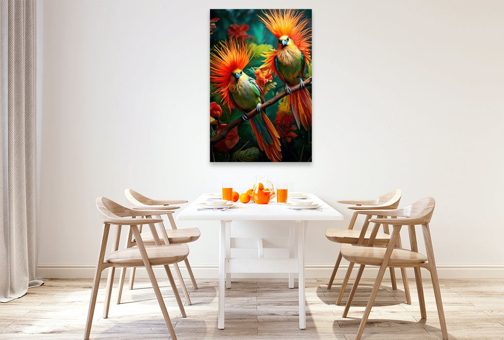 Premium Textil-Leinwand Zwei Paradiesvögel mit bunten leuchtenden Gefieder sitzen zwischen zarten Blumen