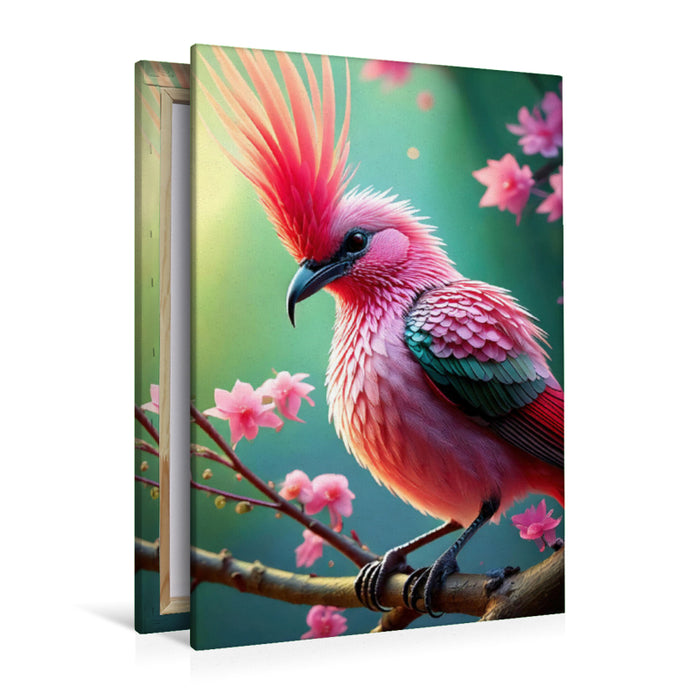 Premium Textil-Leinwand Ein bunter Paradiesvogel mit pinkfarbenen Federkamm inmitten zarten pinkfarbenen Blumen