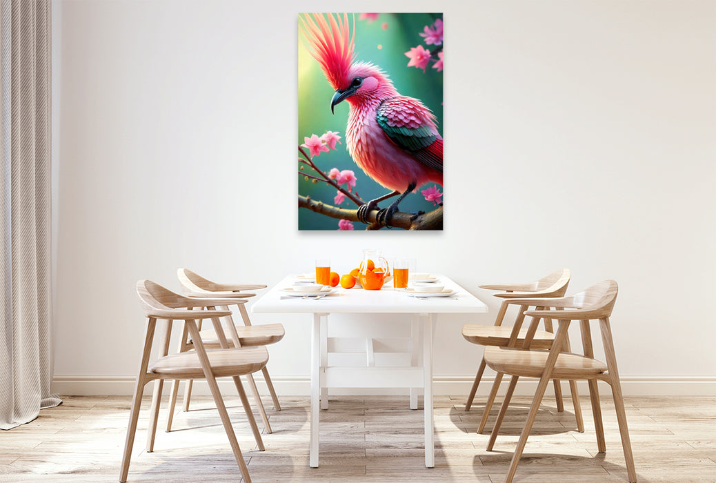 Premium Textil-Leinwand Ein bunter Paradiesvogel mit pinkfarbenen Federkamm inmitten zarten pinkfarbenen Blumen