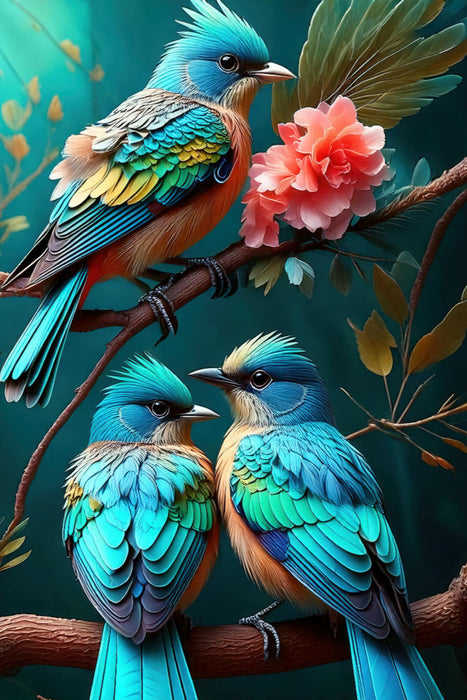 Premium Textil-Leinwand Drei blau türkisfarbene Paradiesvögel zwischen filigranen Blüten