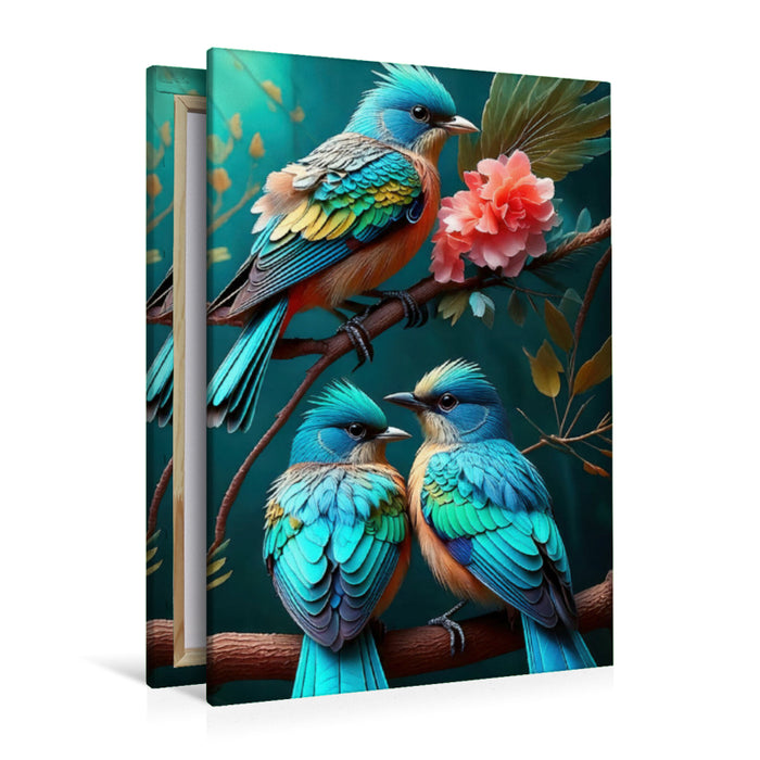 Premium Textil-Leinwand Drei blau türkisfarbene Paradiesvögel zwischen filigranen Blüten