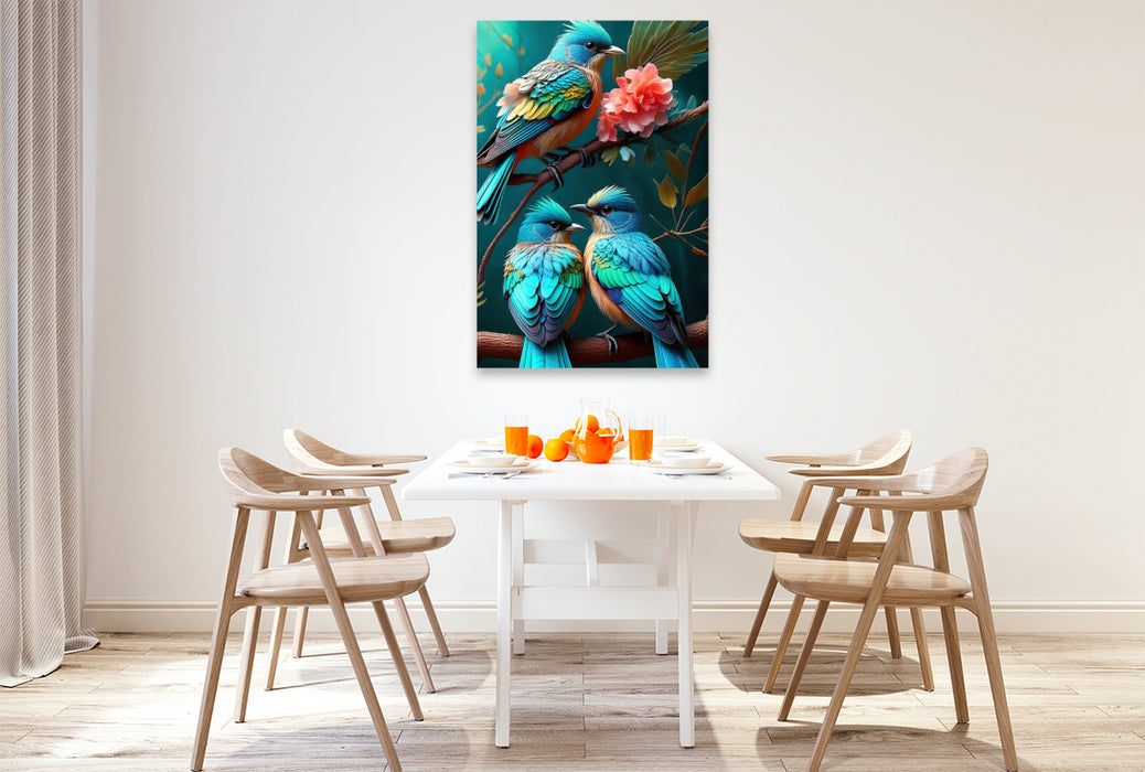 Premium Textil-Leinwand Drei blau türkisfarbene Paradiesvögel zwischen filigranen Blüten