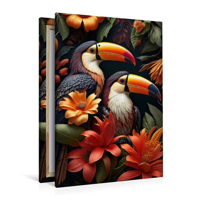 Premium Textil-Leinwand Zwei Tukane mit leuchtenden Schnäbeln zwischen orangefarbenen Blüten