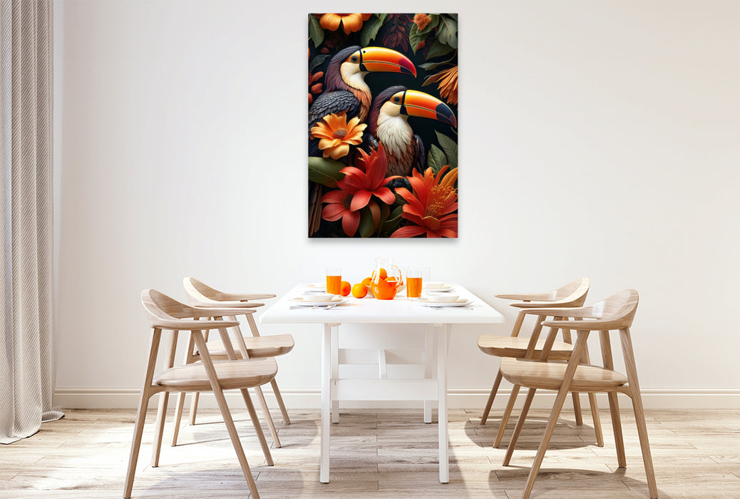 Premium Textil-Leinwand Zwei Tukane mit leuchtenden Schnäbeln zwischen orangefarbenen Blüten