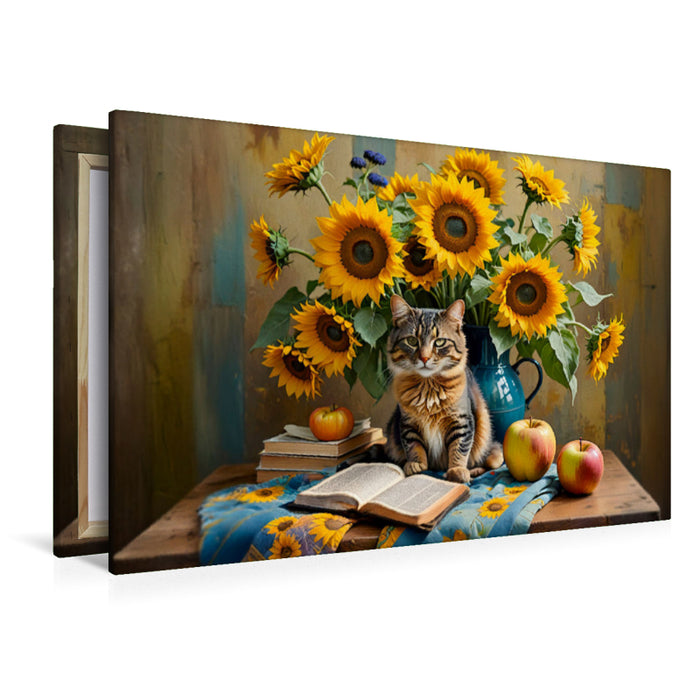 Premium Textil-Leinwand Katze mit üppigem Sonnenblumenstrauß