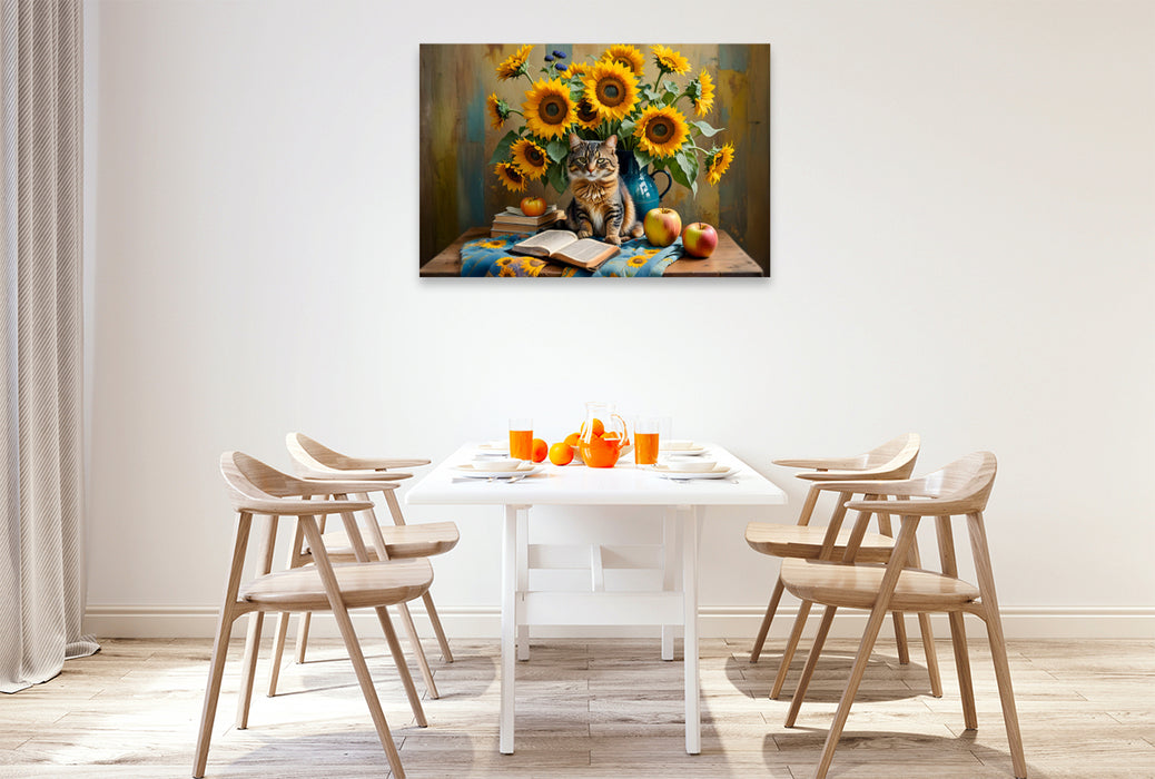 Premium Textil-Leinwand Katze mit üppigem Sonnenblumenstrauß