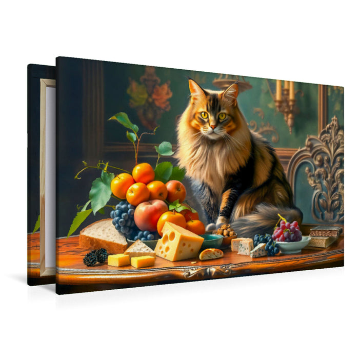 Premium Textil-Leinwand Katzenidylle mit Obst und Käse