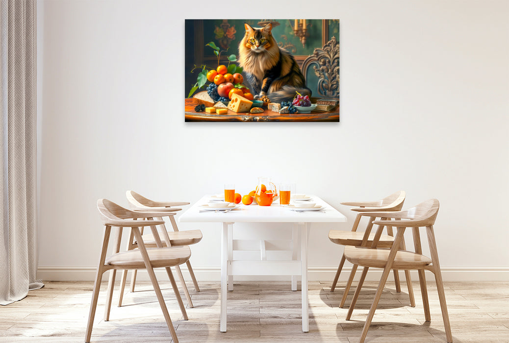 Premium Textil-Leinwand Katzenidylle mit Obst und Käse