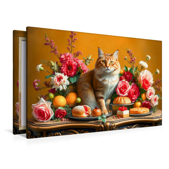 Premium Textil-Leinwand Katze auf Tisch mit Blumen und Obst im Stil der Alten Meister
