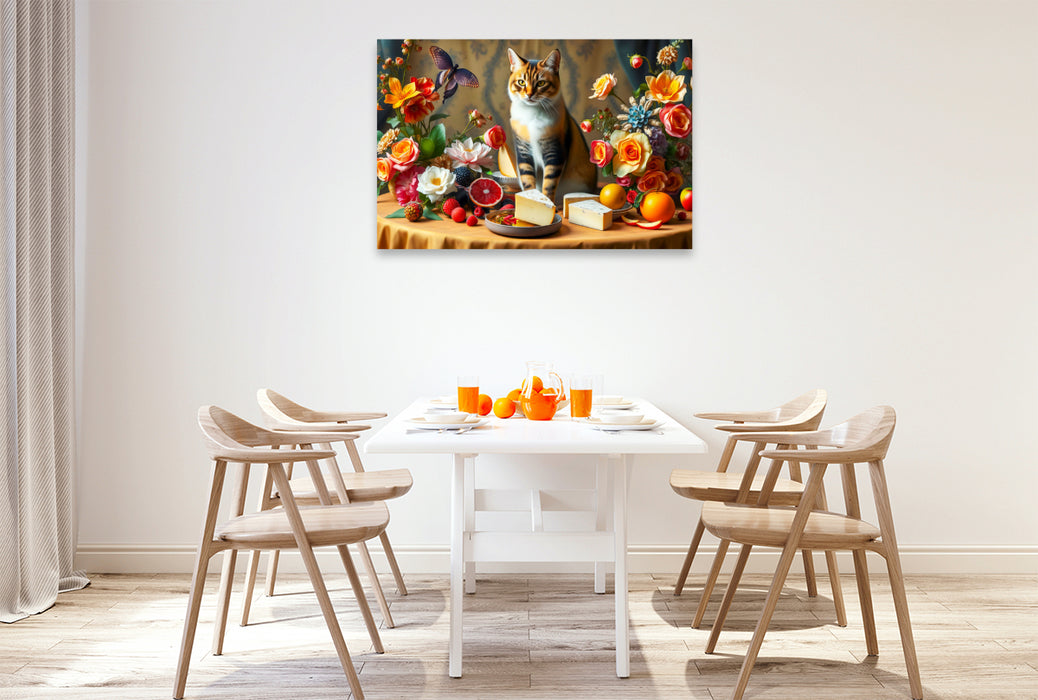 Premium Textil-Leinwand Katze auf Tisch mit Blumen und Obst im Stil der Alten Meister