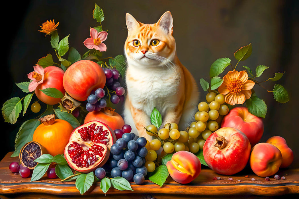Premium Textil-Leinwand Katzenporträt mit üppigem Obst im Stil alter Meister