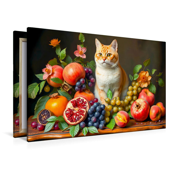 Premium Textil-Leinwand Katzenporträt mit üppigem Obst im Stil alter Meister